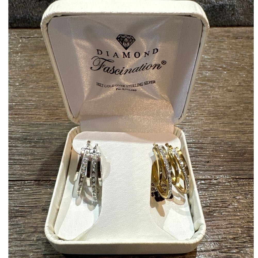 Diamond Fascination 2 Pairs of .925 Hoop Earrings 1 Silver tone/ 1 Gold tone